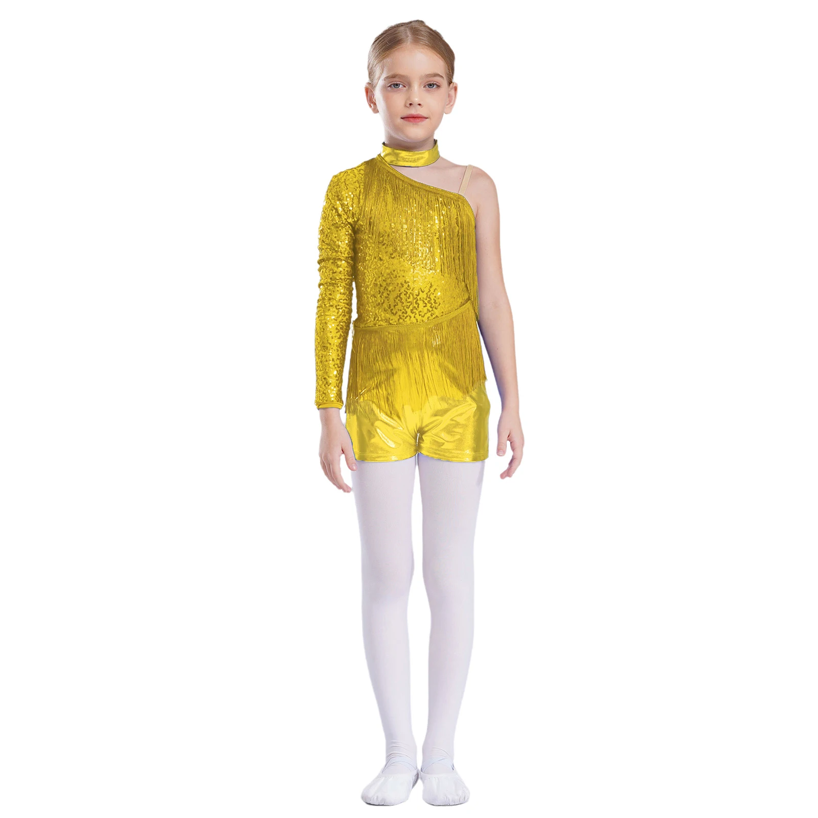 

Kids Girls Sequins Latin Jazz Dance Leotard Tassel Metallic Jumpsuit Halter One Shoulder Rompers for Stage Performance Dancewear