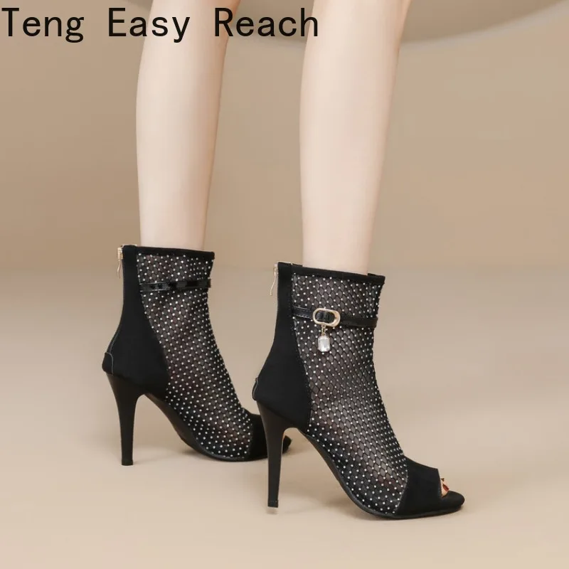 

2026 Summer New Mature Black Women's Sandals Breathable Mesh Material Sexy Open Toed High Heels Size 33-48