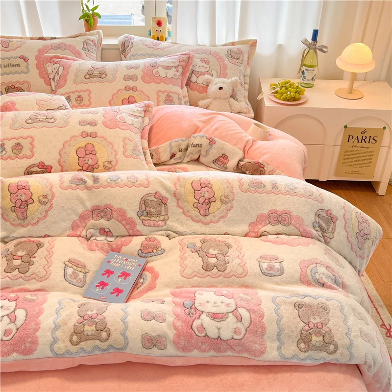1PC Pink Bear Cat Cartoon Flannel Duvet Cover, Cute Pattern Soft Bedding for Bedroom Decor