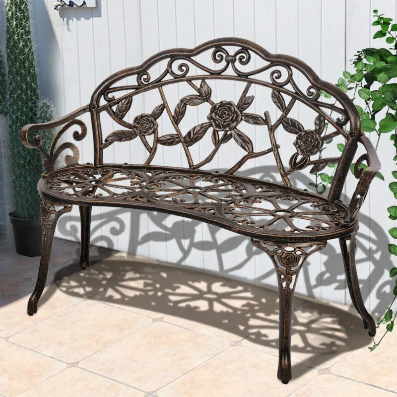 

Patio Garden Bench Outdoor Metal Rose Loveseat,39in Cast Iron Well-Crafted Floral Back Antique Finish Park Chair,Accented Lawn