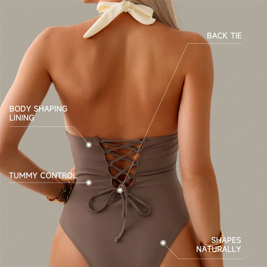 S - XL, V-Ausschnitt, rückenfreier Neckholder-Badeanzug für Damen, einteiliger Badeanzug, Monokini, gepolsterter Badeanzug, Badebekleidung, Badeanzug V7559 – Detail 5