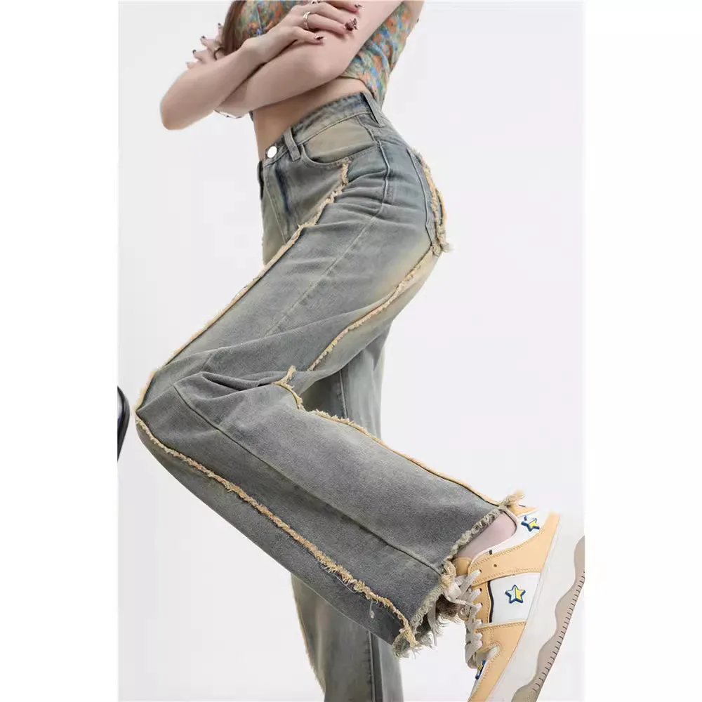 Diseño sentido nicho jeans mujer novedad de verano cintura alta recta suelta americana delgada retro pantalones de pierna ancha ropa de primavera