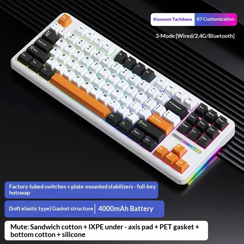 Aula F87 Pro Wireless Mechanical Keyboard Tri Mode Bluetooth Side Printed Rgb Side Light Mahjong Sound Custom Gaming For Adults