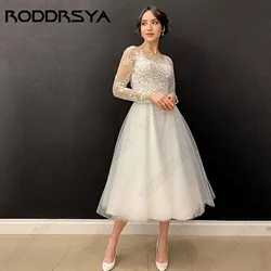 RODDRSYA O-Neck A-Line Wedding Dress For Woman Tulle Long Sleeve Appliques Elegant Bridal Gown Tea-Length Vestido De Nova 2024