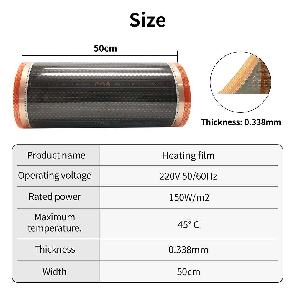 MINCO HEAT 150w/m2 Graphene PTC Heating Film Infrared AC200~240V about 45C Warm Floor Heating Mat