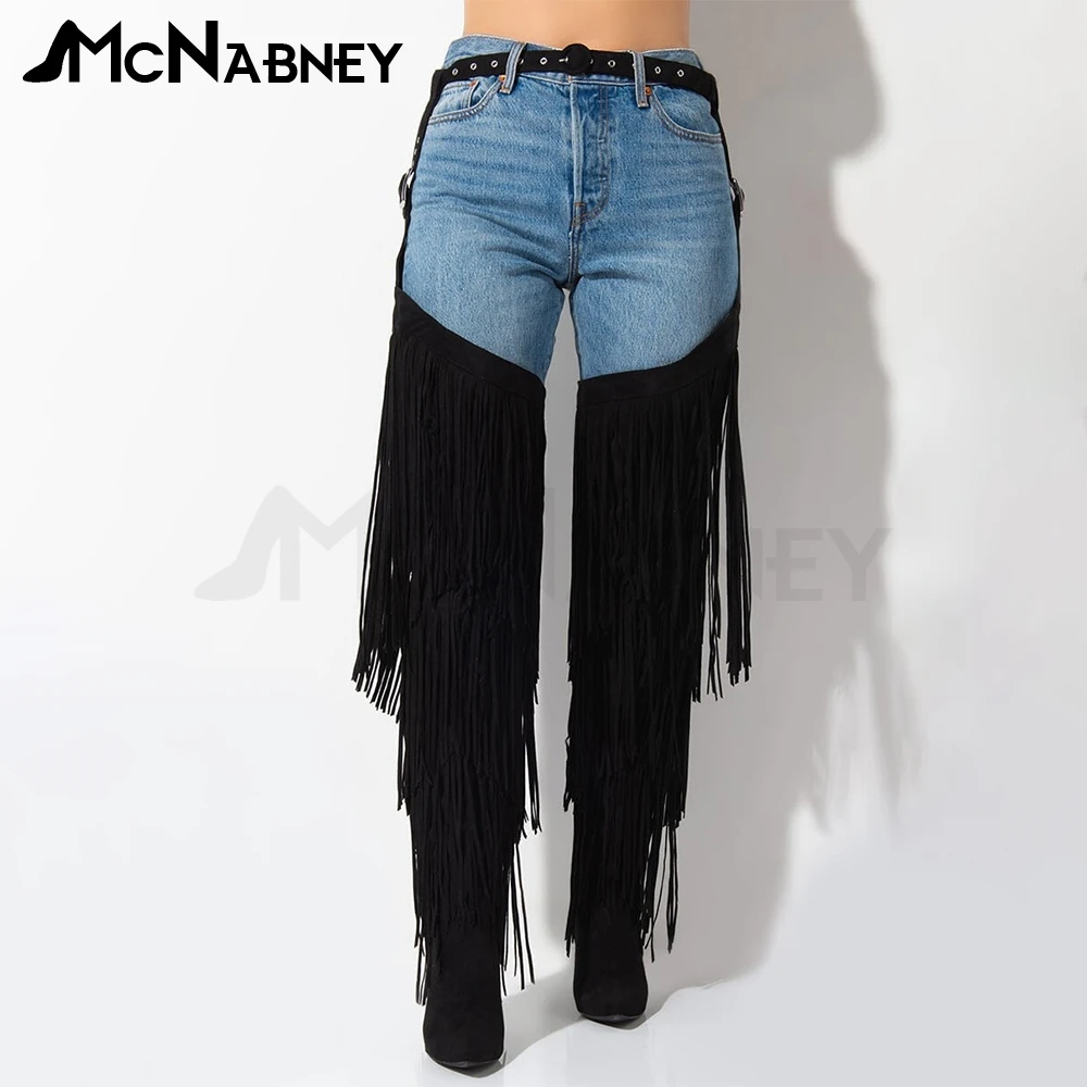 Tassel Belted Chaps Boots Fringe Knee Boots Novelty Design Boots Fashion Style Women Shoes Pointed Super High Heels Stage Boots