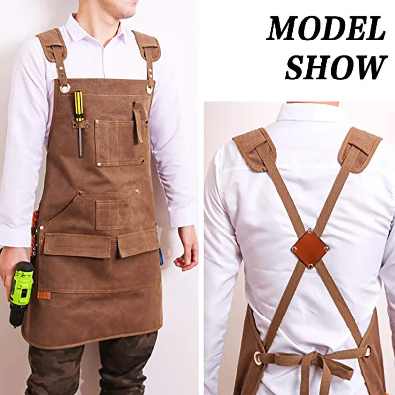Heavy Duty Canvas Tool Apron with Multi Tool Pockets Cross Back Apron Workshop Woodworking Apron Utility Work Aprons