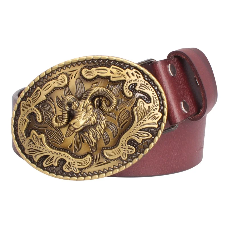 Fashion Belt Sheep Argali Golden Ram Head Buckle Cowskin Leather Goat Pattern Heavy Metal Rock Style Accessories