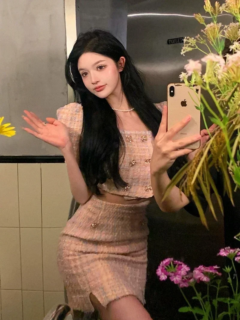 

Tweed Skirt Set Ladies Korean Hot Girl Celebrity Small Fragrance Suit Women's Summer Cover Belly Two Piece Set Korean Summer