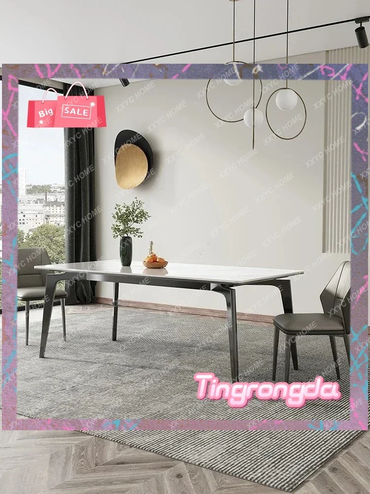 HHhot Sale Minimalist Stainless Steel Bright Rock Slab Dining Table Household High-end