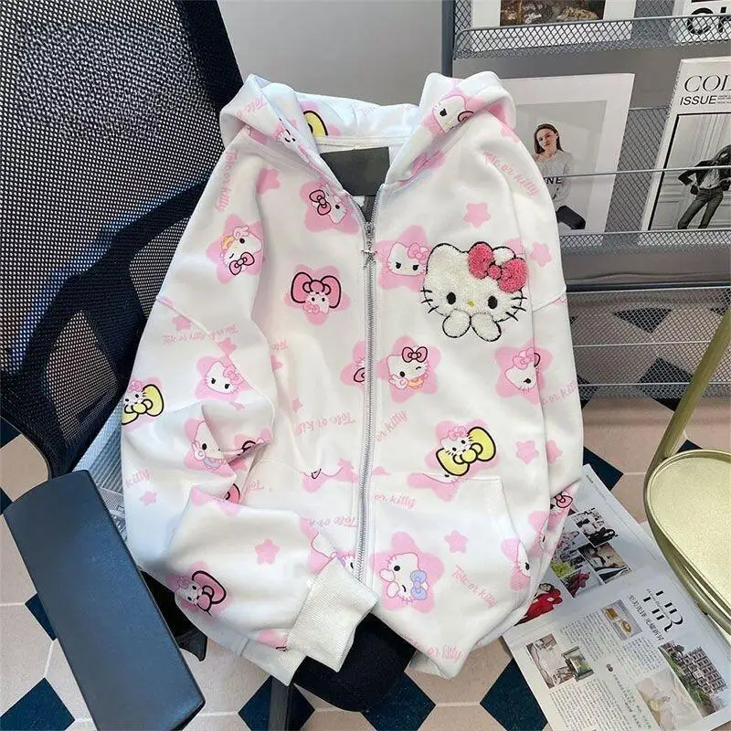 

Sanrio Hello Kitty Hooded Cardigan Sweatshirt Cotton Blend Unisex Casual Wear American Retro Style Full Print Chic Trendy Vibe