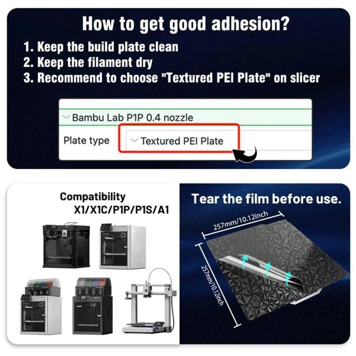 لوحة بناء PEO PET للطابعة ثلاثية الأبعاد الساخنة لطابعة Bambu-Lab X1/X1C/X1E/P1P/P1S/A1 ثلاثية الأبعاد، PEO + ألياف الكربون PET Surface257x257mm