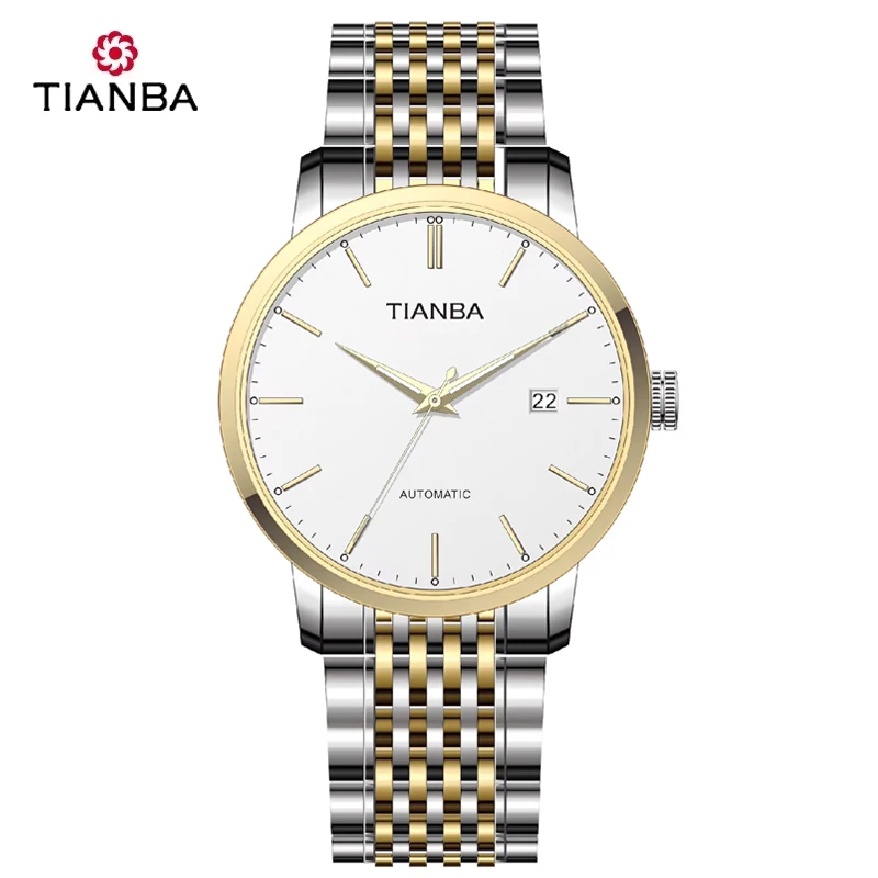 Tianba relógio mecânico automático original, à prova d'água, display de calendário, aço inoxidável com pulseira de couro 6029