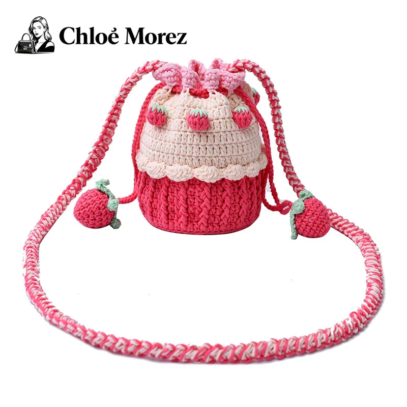 

Strawberry Cake Knitted Small Bag Versatile Crossbody Drawstring Bucket Bag Cute