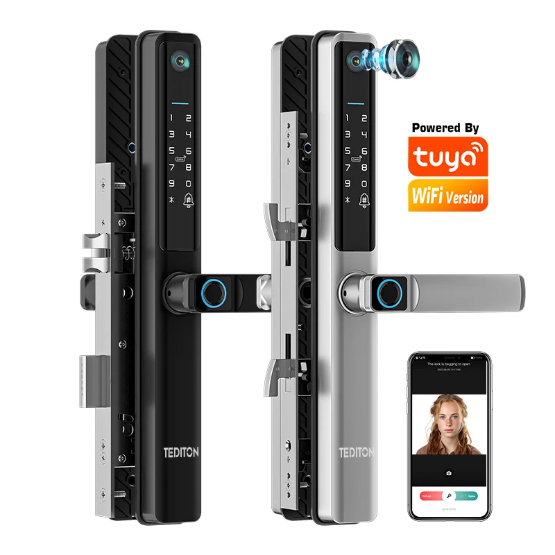 

003 Tediton Tuya Smart Lock With Camera Waterproof Keyless Digital Electric Lock Hook Lock for Aluminum Sliding Door