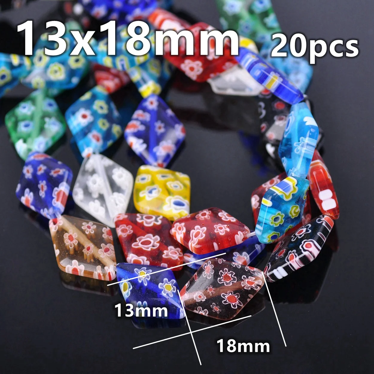 20pcs Random Mixed Flower Patterns Rhombus Shape 10x14mm 13x18mm Millefiori Lampwork Glass Loose Beads For Jewelry Making DIY