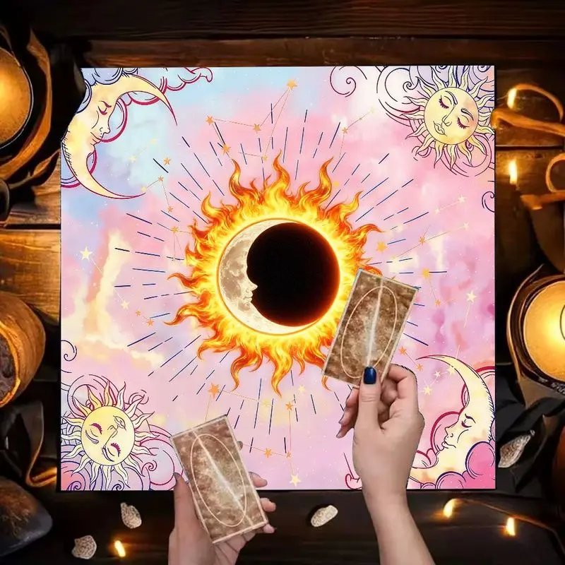 VIKAMA Solar Eclipse Sun Moon Tarot Table Cloth Pink Watercolor Altar Cloth Constellation Witch Celestial Divination Mat
