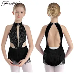 Kid Girl Figure Skating Dress Ballet Latin Dance Leotard Sleeveless Backless Rhinestone Fringed Bodysuit for Rumba Samba Cha-Cha