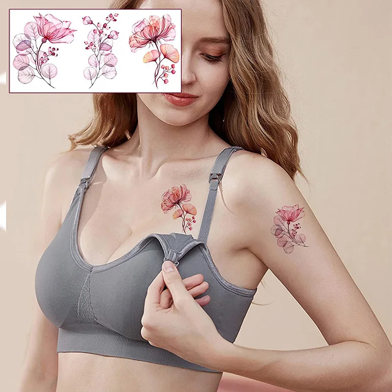 X Ray Flower Temporary Tattoos Lace Rose Lily Leaf Pink Purple Floral Tattoo Stickers Sexy on Face Hand Arm Body Art Fake Tattoo