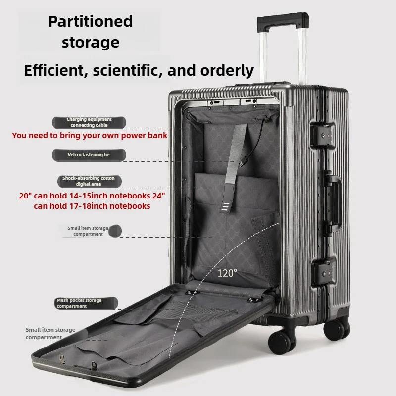 Maleta de aluminio con apertura frontal, carga USB y portavasos plegable, silenciosa 360 °   Ruedas y cerradura TSA