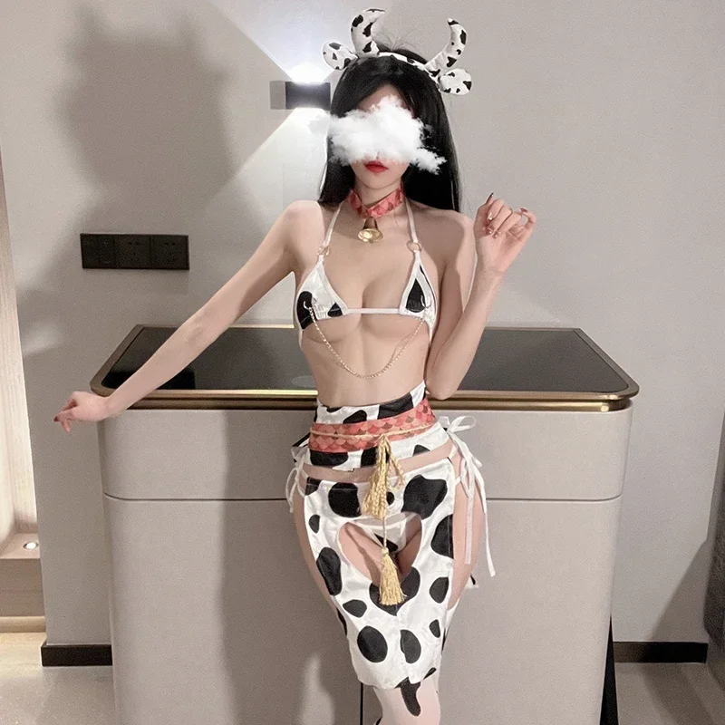 Cosplay de sirvienta de vaca Kawaii, Mini delantal con soporte de Anime japonés, conjunto de lencería de Bikini de leche bonito para mujer, disfraz de vaca Animal