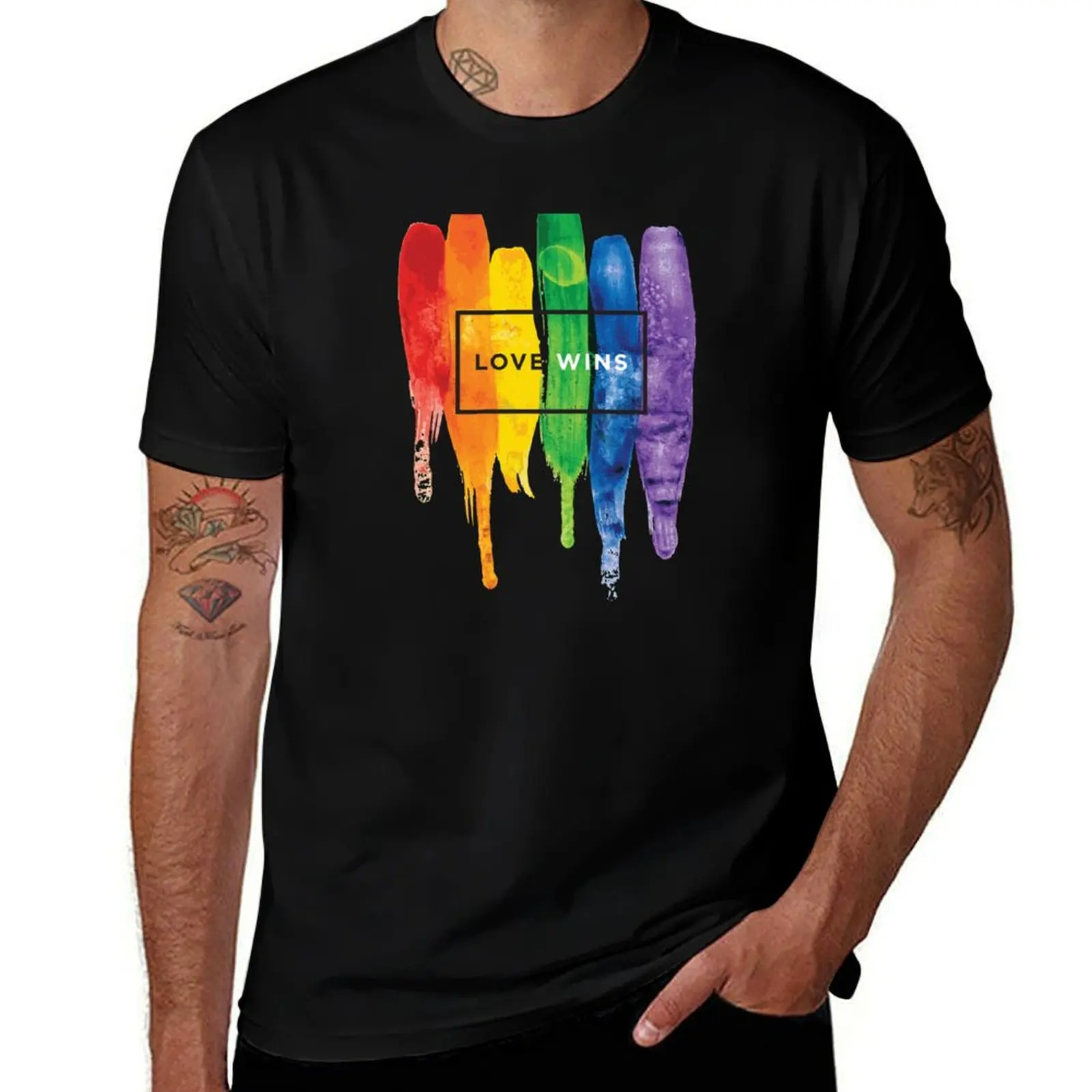 Watercolor LGBT Love Wins Rainbow Paint Typographic T-Shirt Worker Basic Short Sleeve Tee T-Shirt