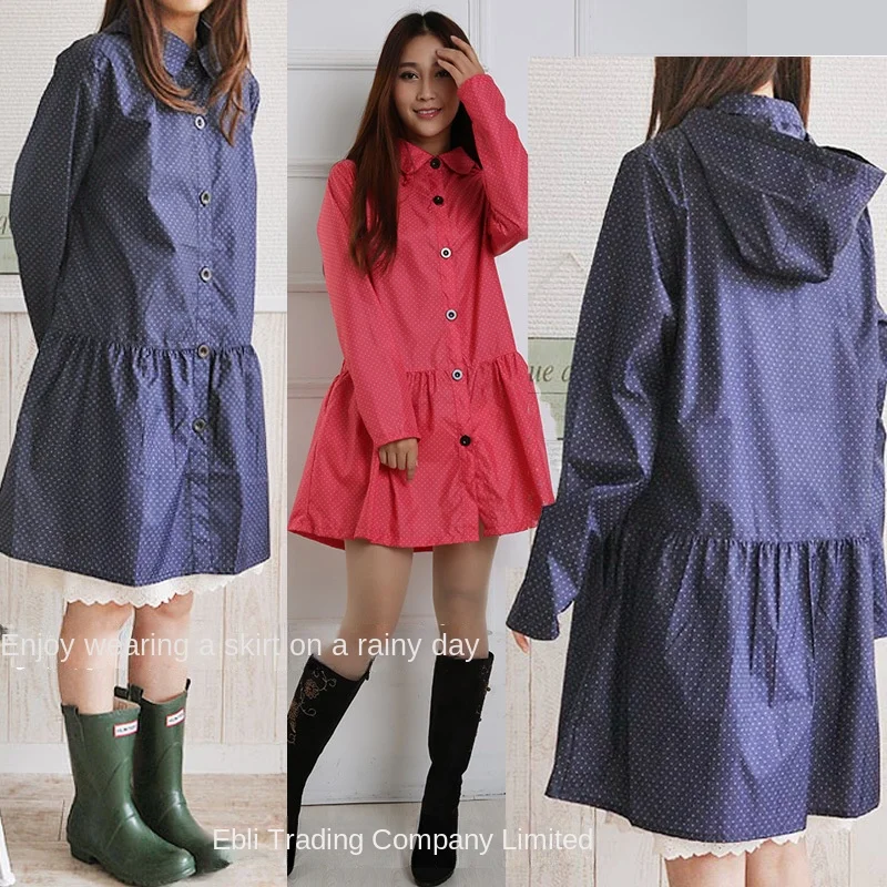 Nylon Raincoat for Women, One-Piece Poncho, Polka Dot, Outdoor Skirt, Swing, Female, Adult, Korean, Simple, Fashion