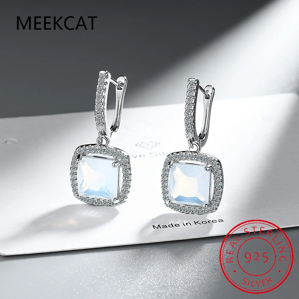 

925 Sterling Silver Blue Opal Square Ear Buckles Delicate Princess Cut Gemstone Hoop Earrings for Women Fine Jewelry Huggies