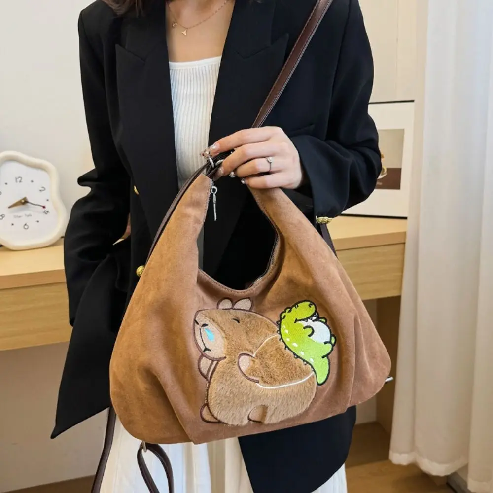 Casual Embroider Capybara Crossbody Bag Milk Tea Dinosaur Chamois Kapibara Bag Cute Kawaii Chamois Leather Bag Outdoor