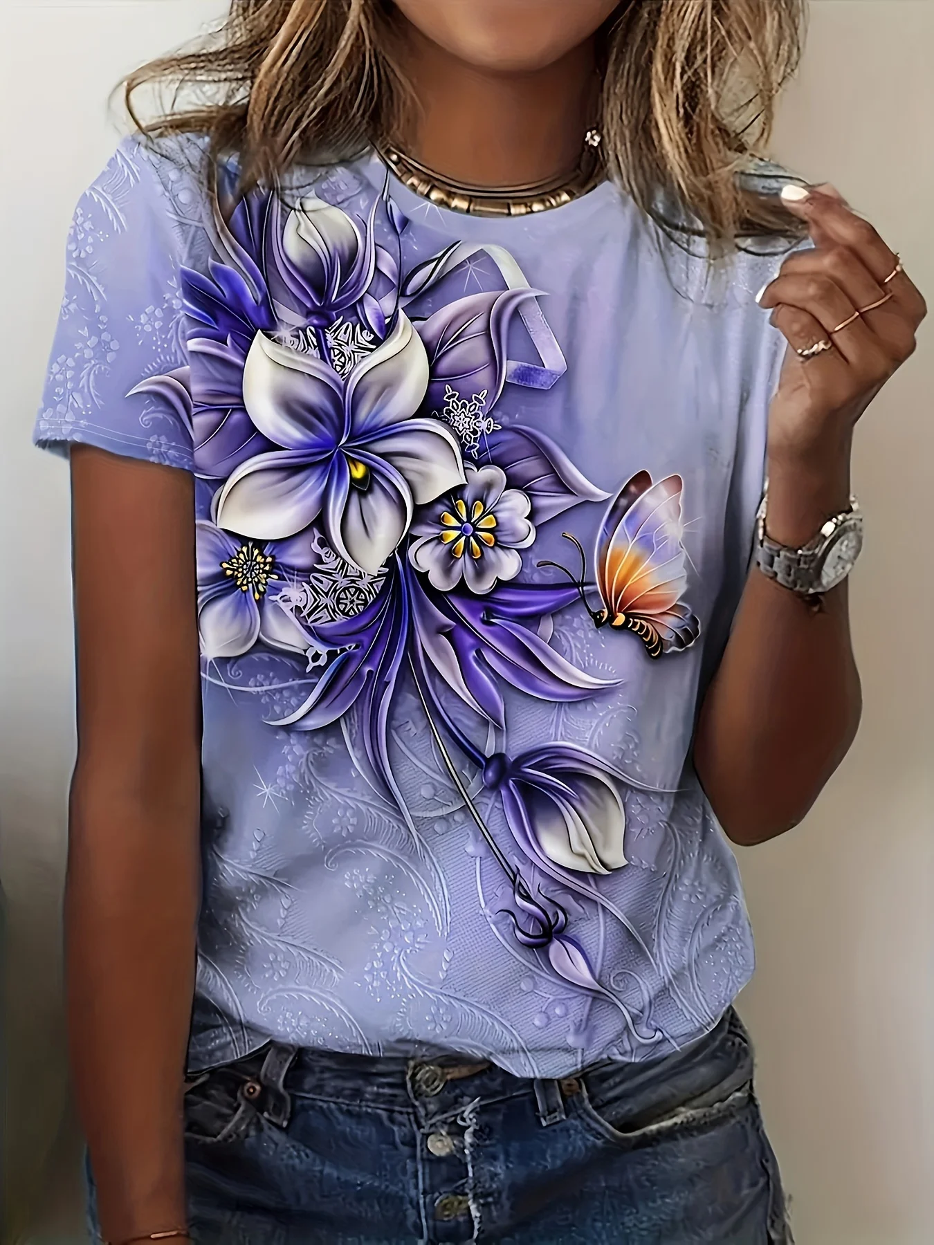 Colorful Butterfly Flower Print Round Neck Women\'s Casual T-Shirt Summer Elegant Fashion Casual Versatile Women\'s Y2K Top