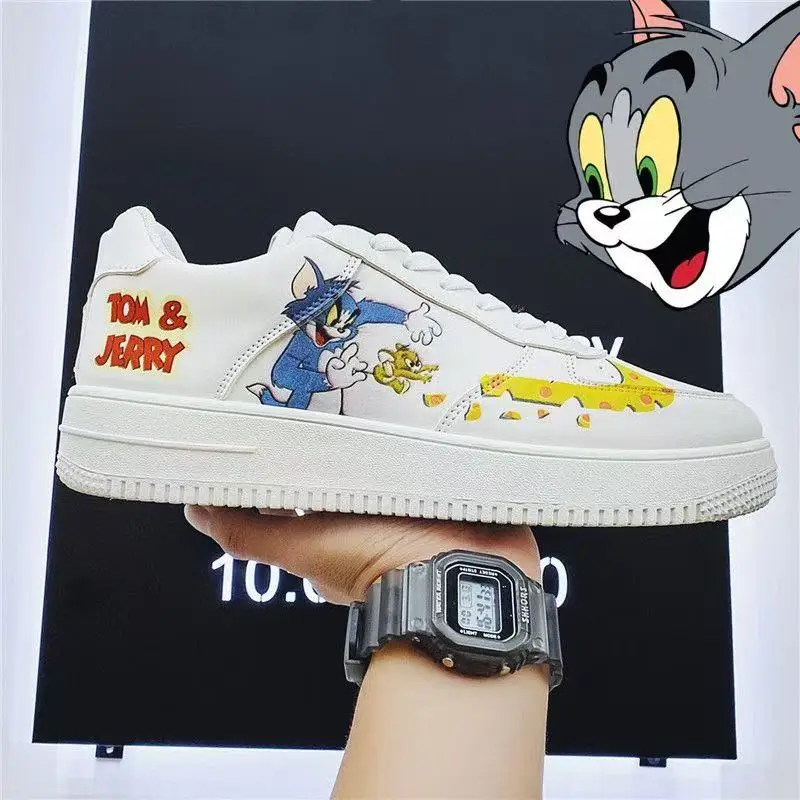 Chaussures en toile blanche chat et souris Tom et caution pour hommes et femmes, tableau peint à la main, polyvalentes, étudiants, dessin animé, nouveau, printemps, 2025