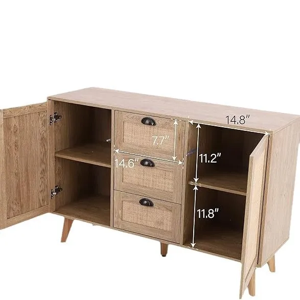 Rattan cabinets, rattan braids, three buckets, double doors, lockers against the wall, side cabinets, dining room, living room s