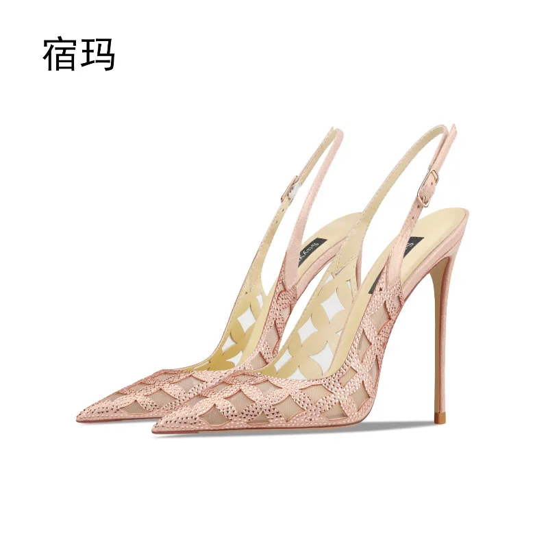 

Champagne gold one-word strap sandals women's summer 2025 new pointed rhinestone fashion dress high heels