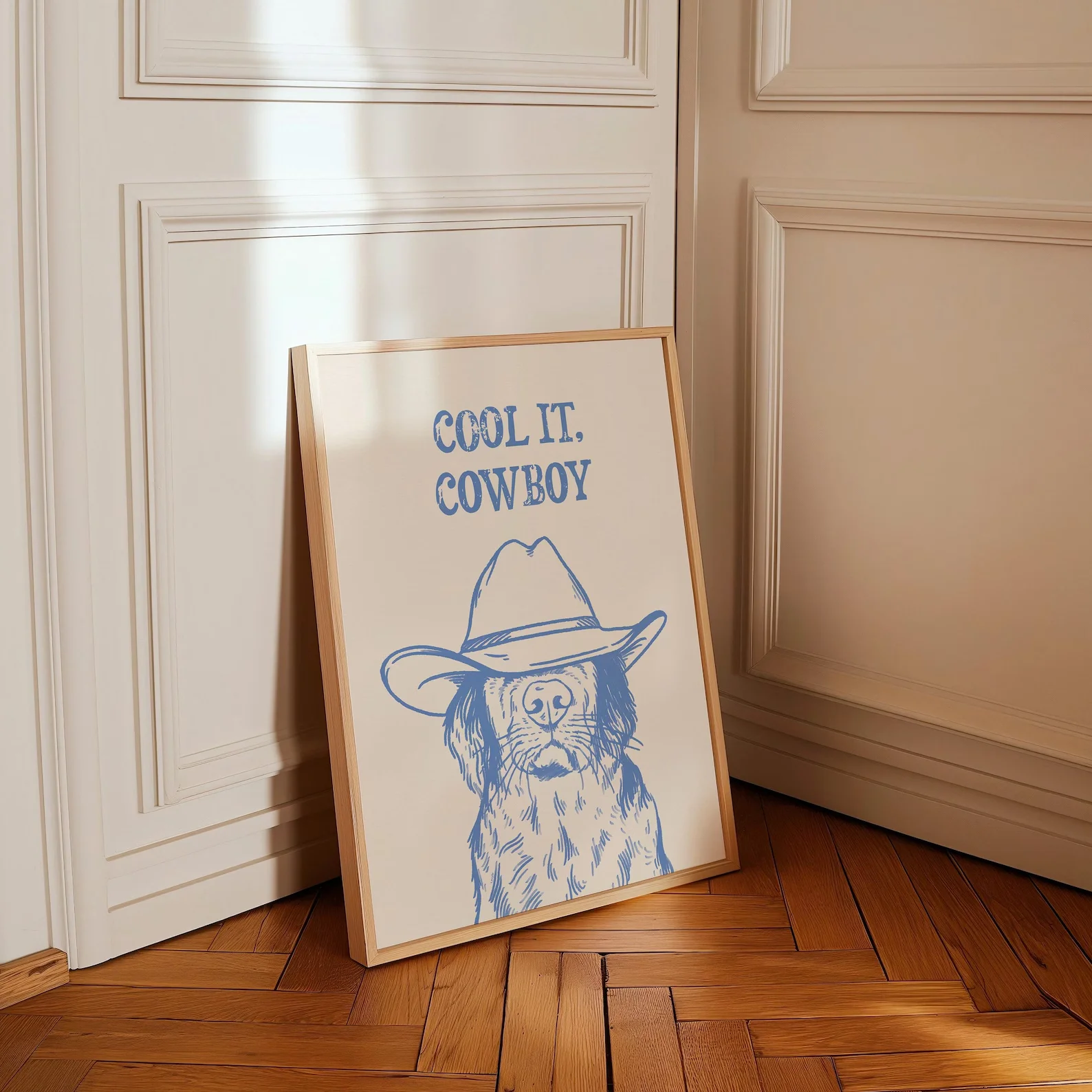 cool it cowboy art print retro print vintage art blue wall art dog western dog print trendy decor digital download