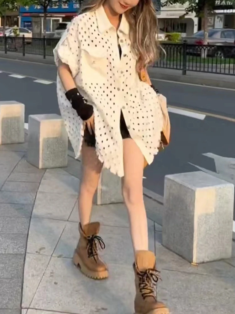 Hot Loose and Versatile Trendy Shirt for Women European Style Summer Short sleeved Design Hollow Out Street Long Shirt
