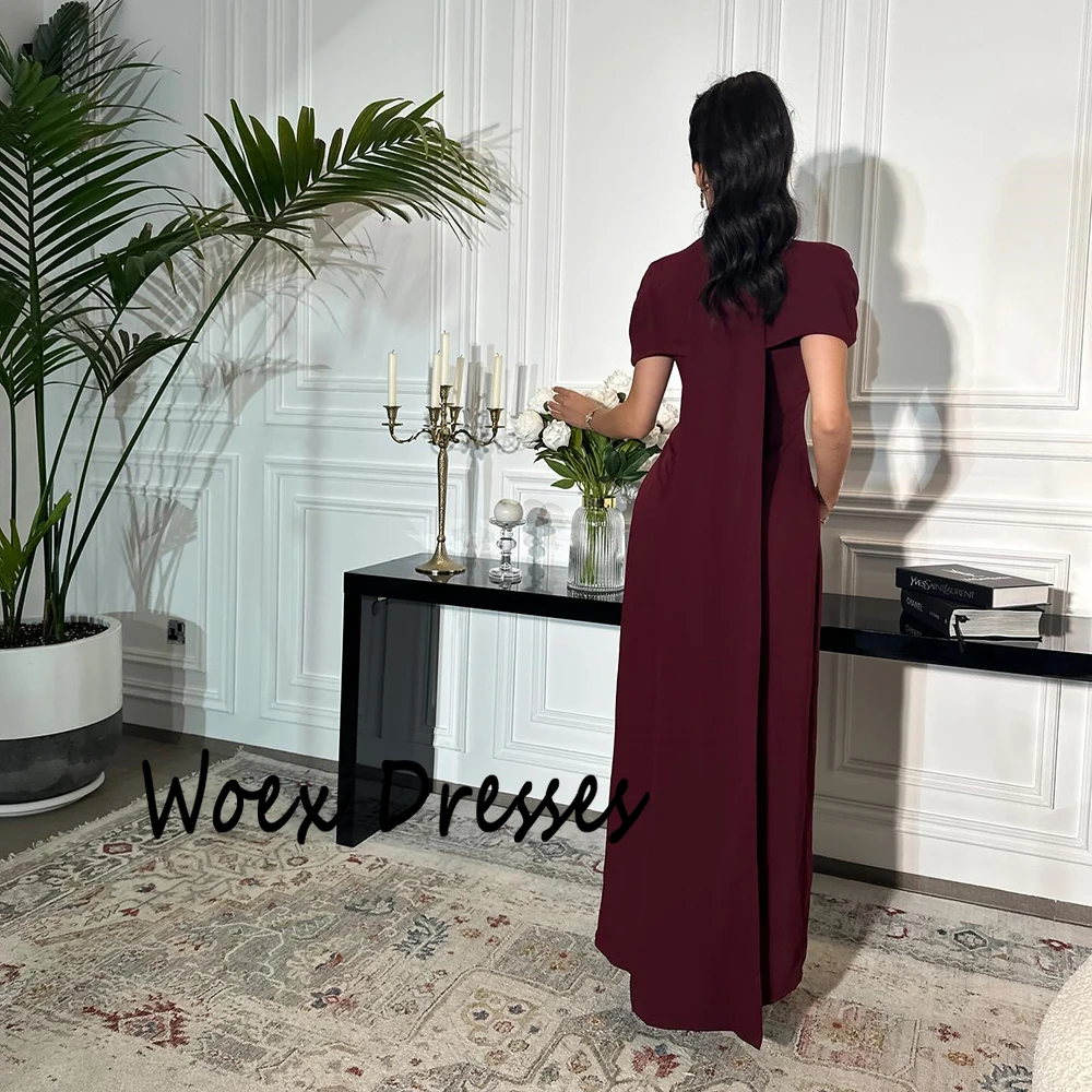 Abito da sera dritto semplice bordeaux personalizzato con collo alto e abito da ballo alla caviglia con abito da festa in jersey con paillettes e strascico