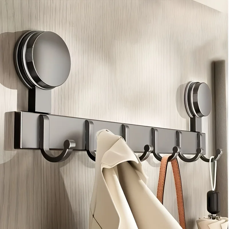 1 Piece Gray Practical 6-Hook Hanger That Can Be Hung on the Wall Without Drilling, Using Suction Cups, for Storing Clothes/Towels/Bathrobes/Small Items, Etc., Suitable for Use in Bathrooms/Bedrooms/Washrooms/Living Rooms/Doors, Etc., Multi-Purpose