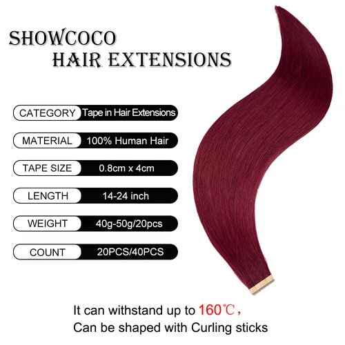 Imagen 2 del producto ShowCoco-Cinta en extensión de cabello humano 100%, Color de cabello humano 99J, extremos gruesos, doble estiramiento, recto, Remy, 14 ""-24"", alta densidad