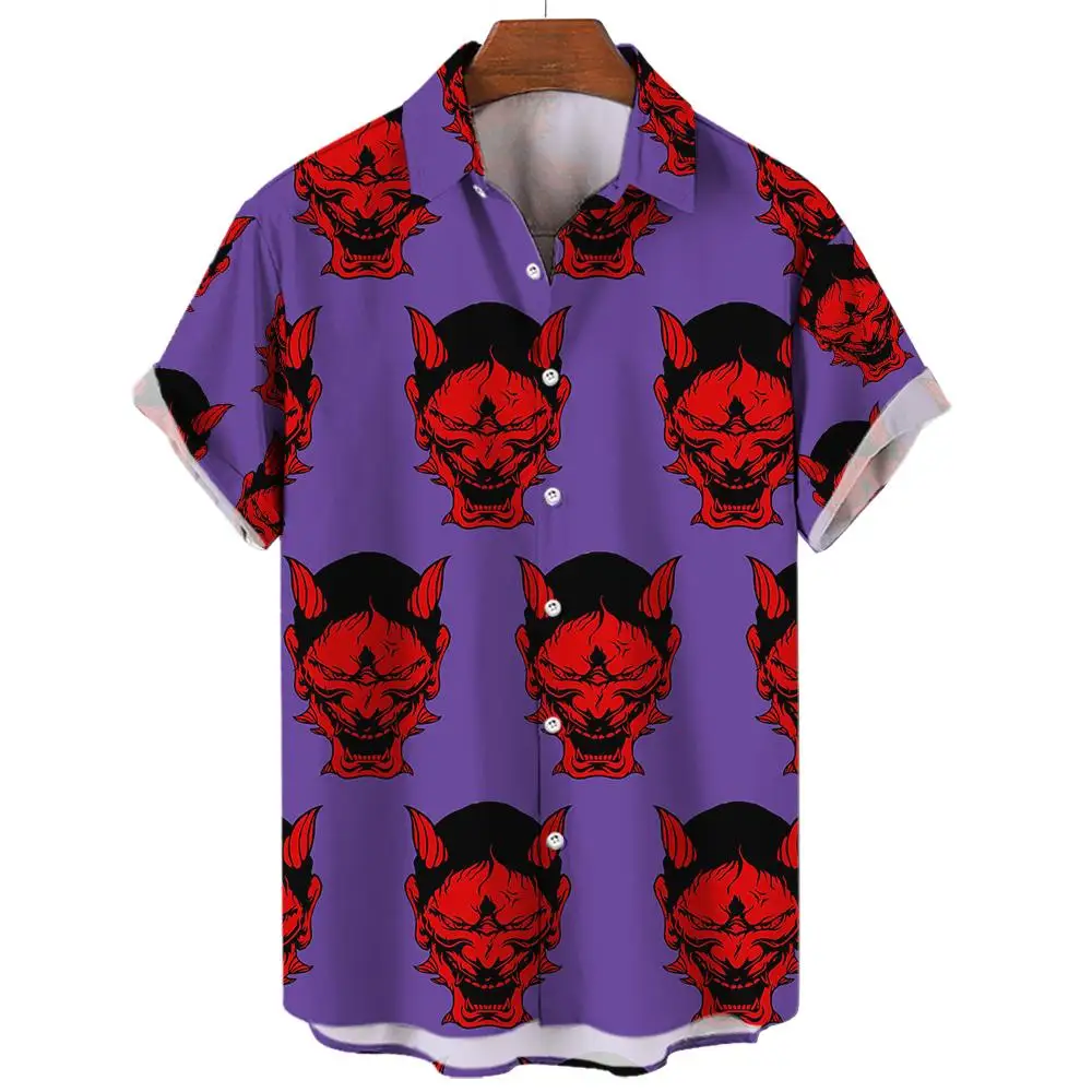 Devil Pattern Men\'s Shirts Oversized Shirt  Loose Causal Double Patchwork Red Imp Party Festival Camisas Original Men\'s Shirts