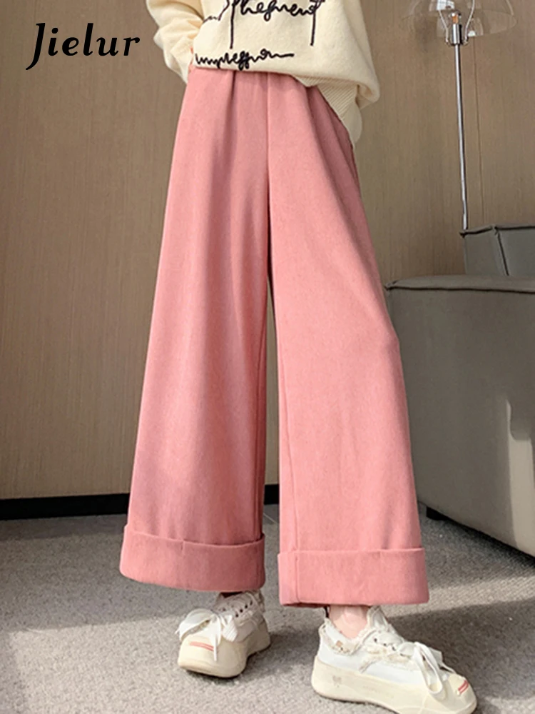 

Jielur Loose Cuffs Casual Fashion Female Wide Leg Pants Winter Elastic Waist Slim Simple Pure Color Women's Trousers Office Lady