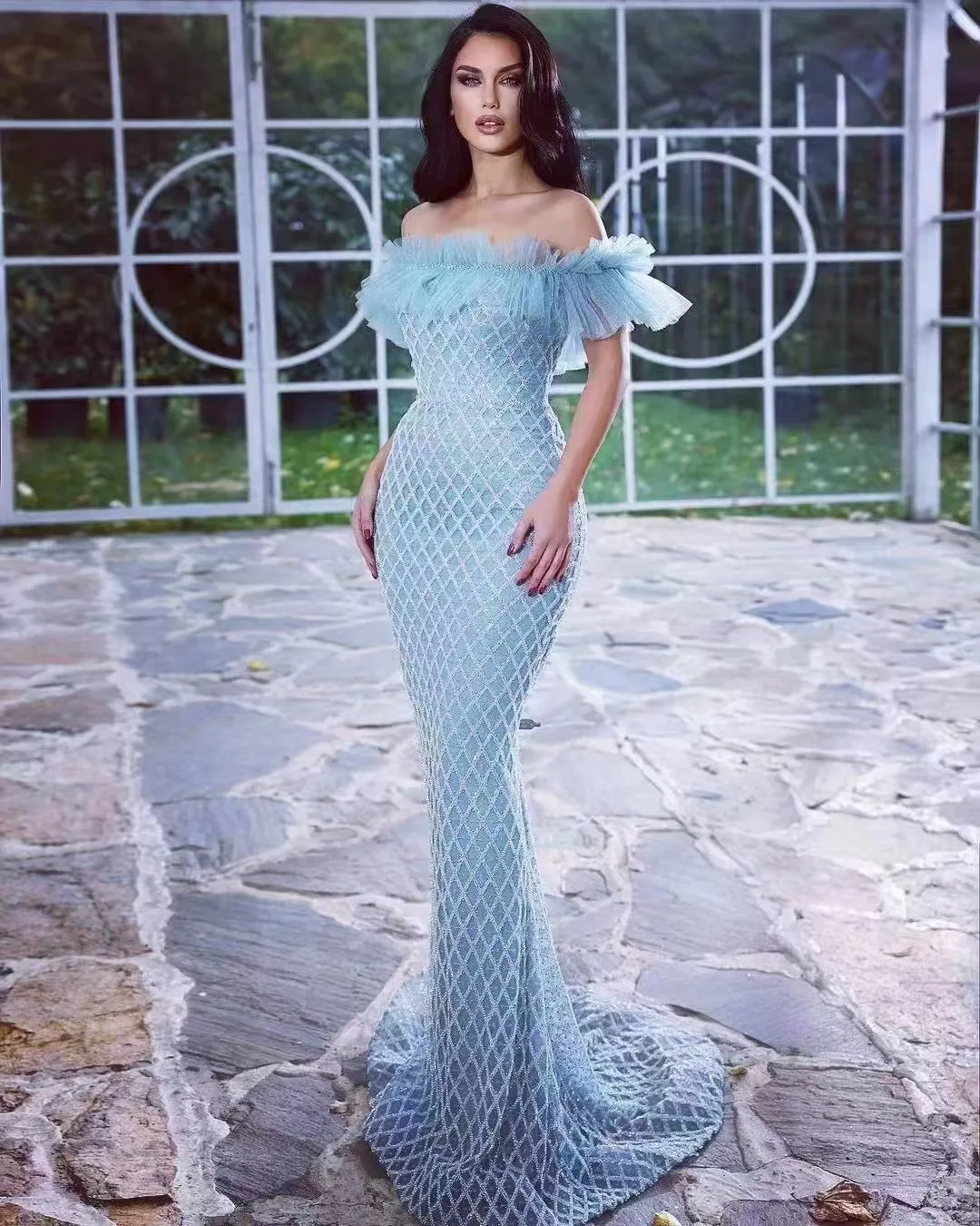 Luxury Sparkle Sequin Sky Blue Mesh Off Shoulder Embroidery Long Dress Women Elegant Celebrity Evening Birthday Party Maxi Dress