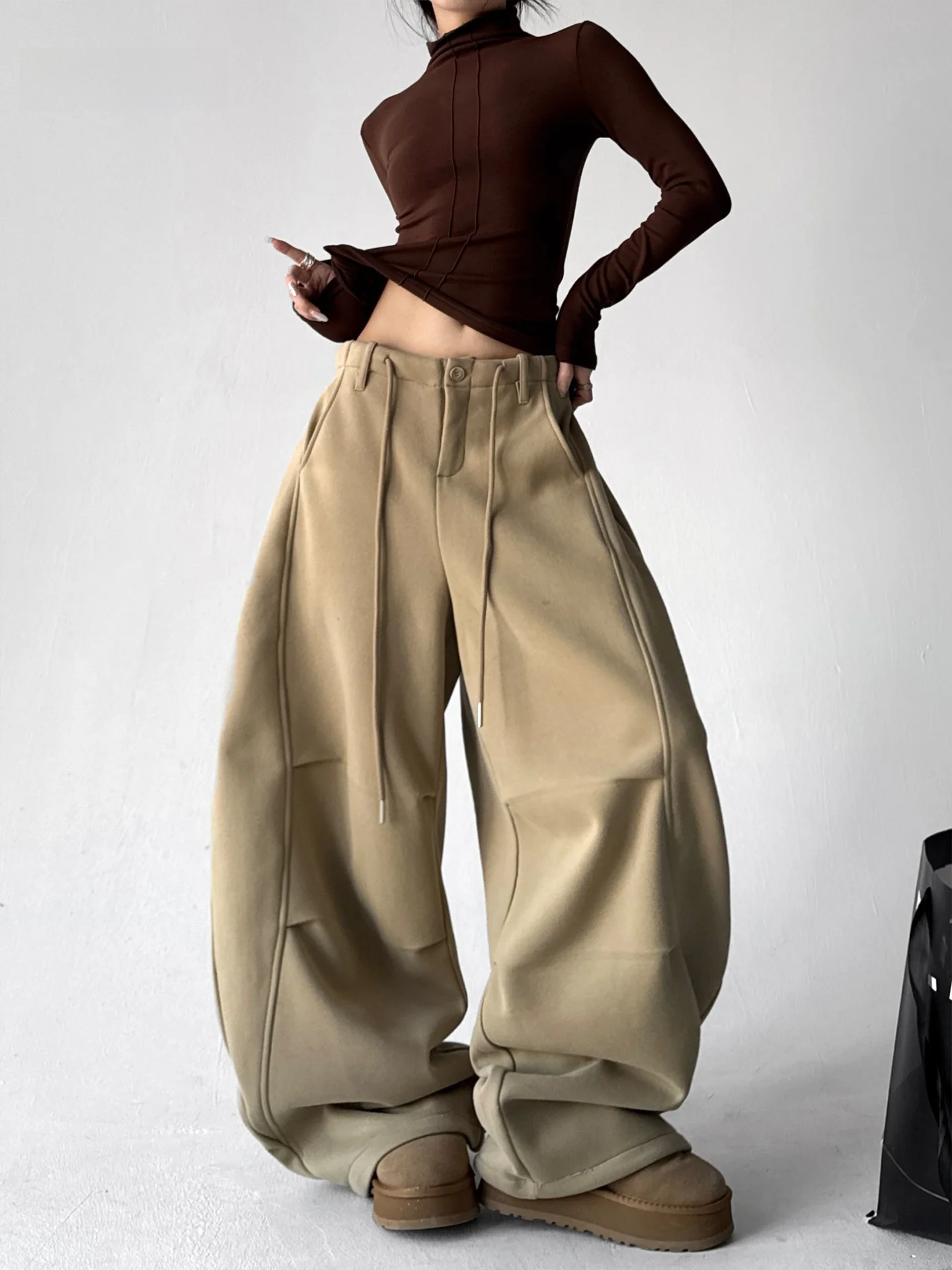 

Широкие брюки на подкладке Fce, женские повседневные брюки с высокой талией, зима 2025, свободный крой, длина до пола, нож