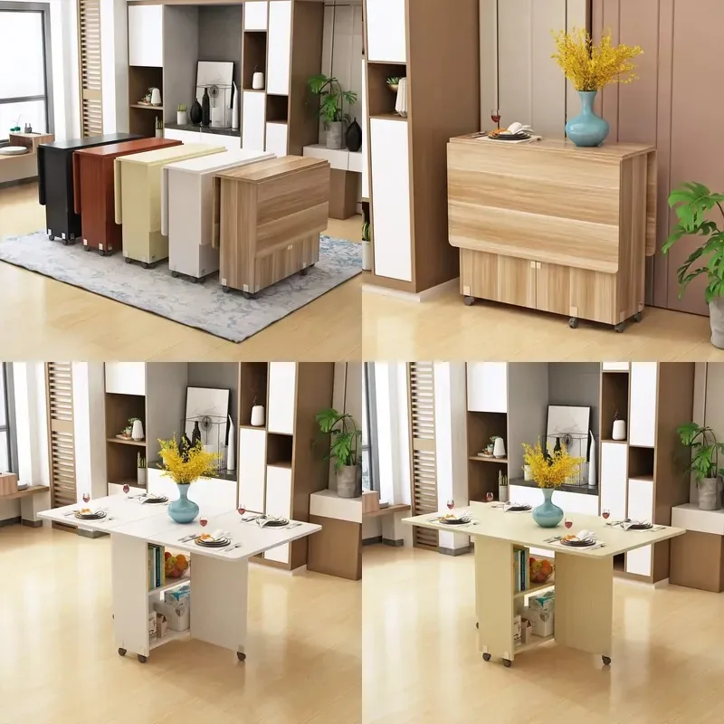 Wooden Folding Dining Table Rectangular Minimalist Retractable Movable Space Saving For 4-6 People