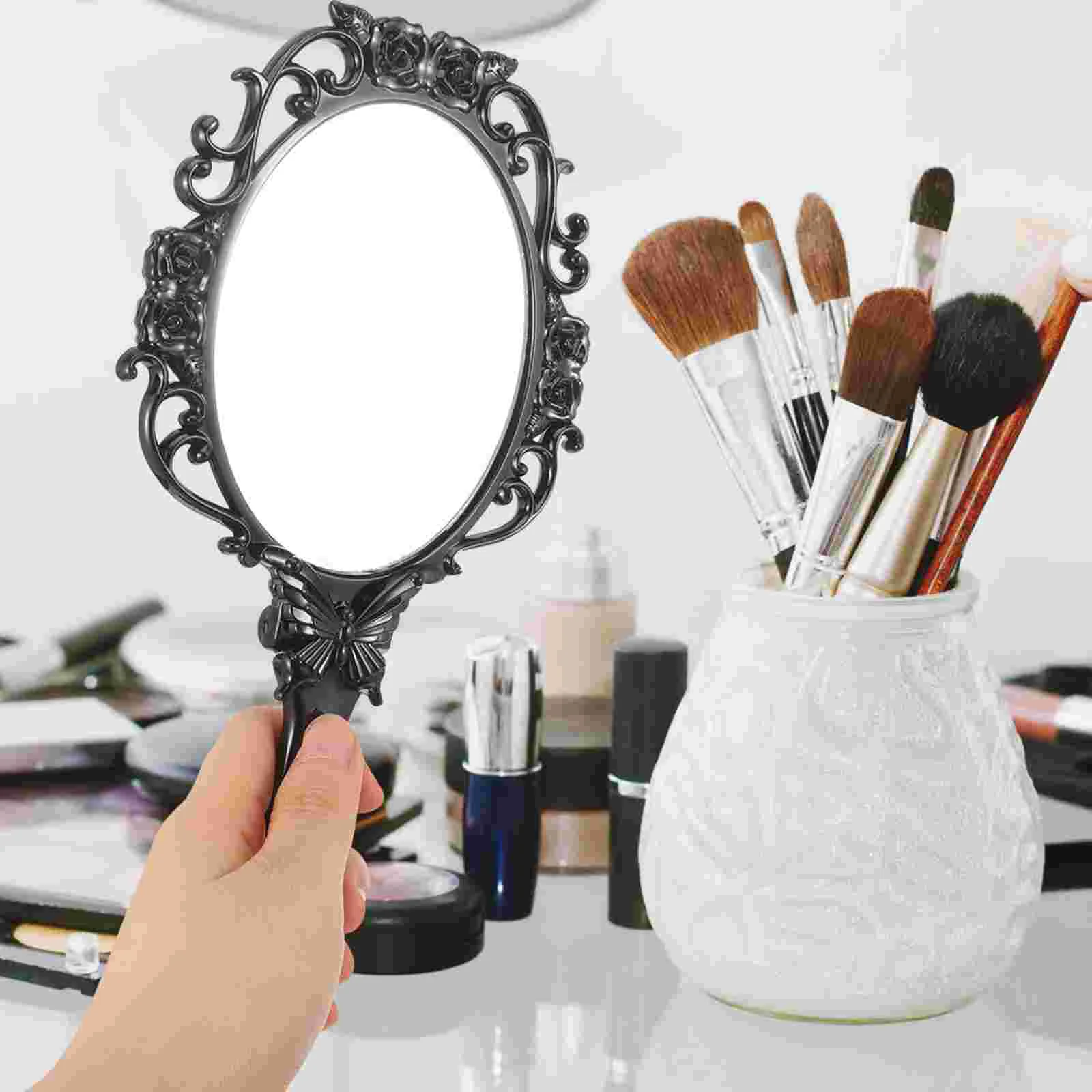 Retro Vanity Mirror Makeup with Handle Handheld for Foldable Travel Women Black Mirrors