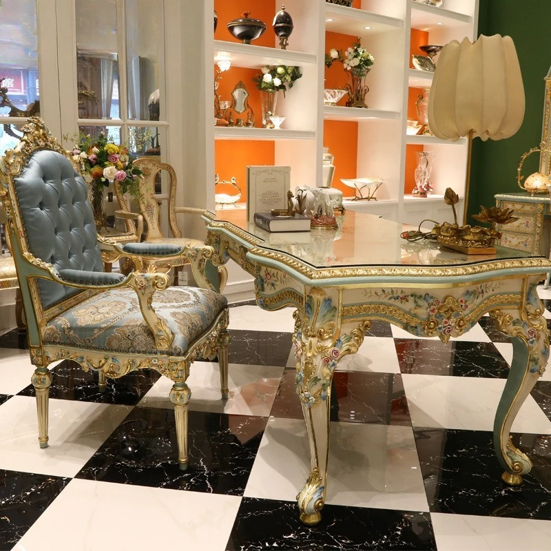 French court style beautiful solid wood carved painted blue and white rose desk and writing chair