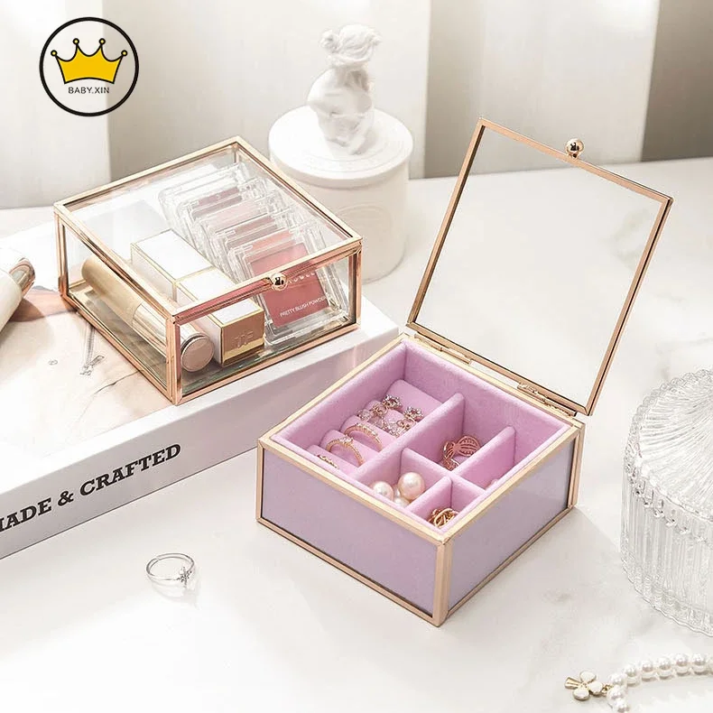 Jewelry Box Ring Storage Box Clear Glass Clamshell Portable Lipstick Storage Box Desktop Dustproof Cosmetics Storage