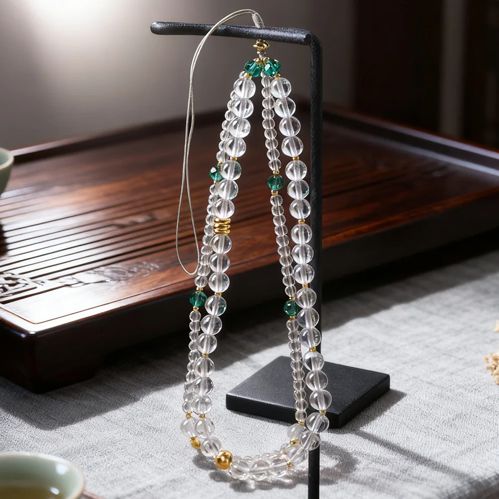 Hand-woven natural white crystal double-loop mobile phone chain, cultural and decorative new Chinese style pendant