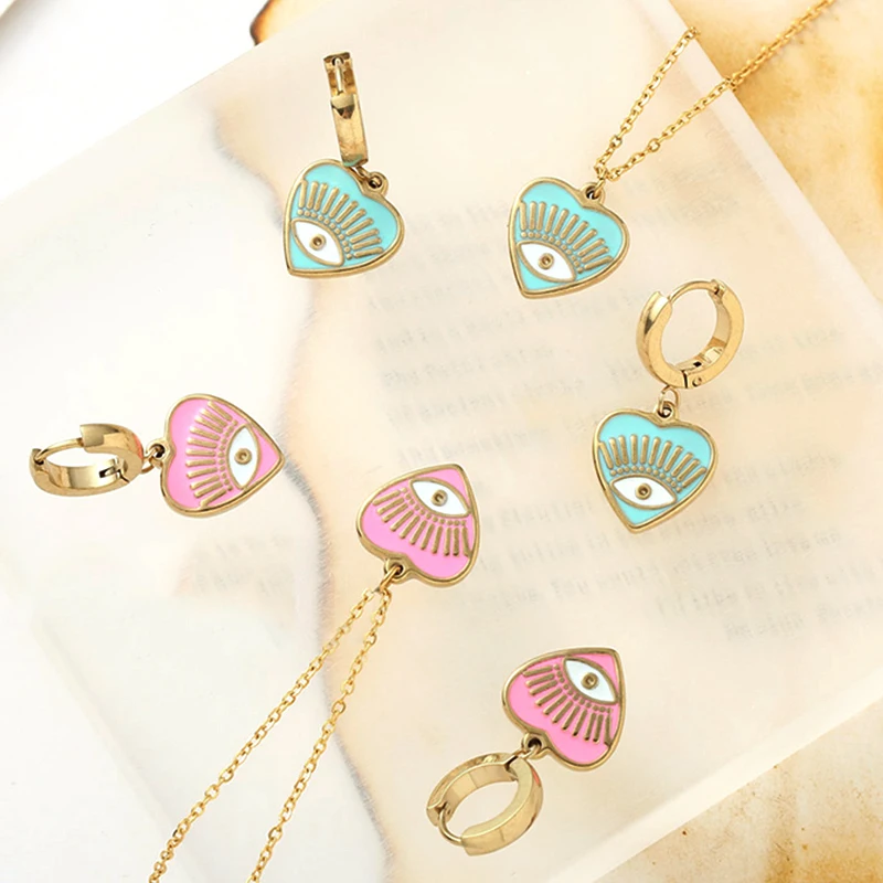 Evil Eye Earrings Bohemian Colorful Heart Enamel Hoop Earrings Stainless Steel Earrings for Women Huggie Jewelry Trend 2022
