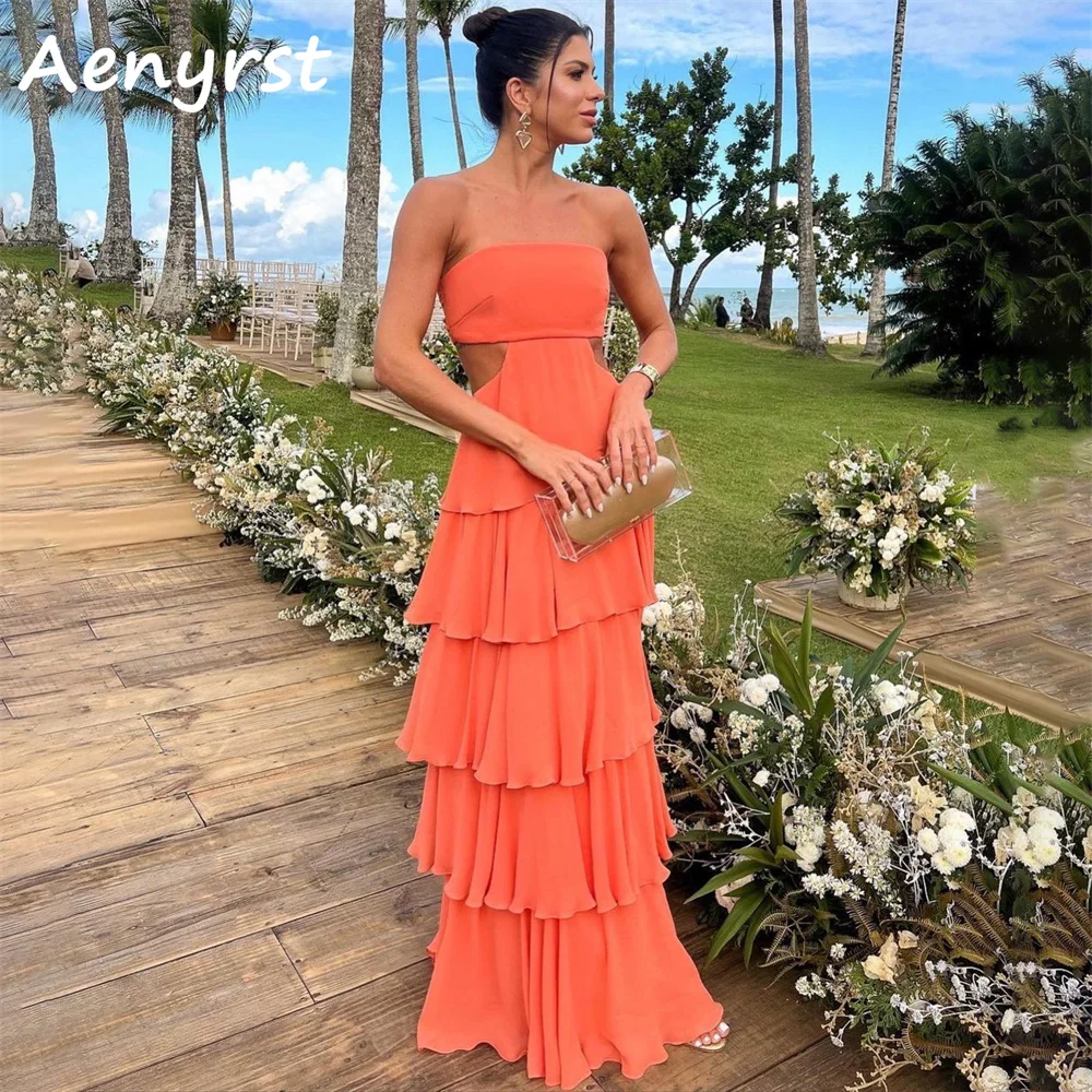 

Aenryst Sexy Orange Strapless A Line Prom Dresses Tiered Backless Evening Dress Floor Length Party Gowns Custom Made فساتين سهره