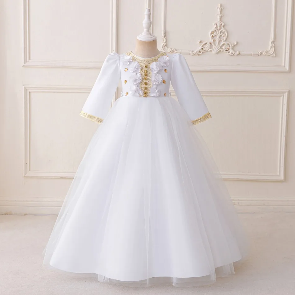 2026 Luxury Muslim Ramadan Prayers Girl White Party Dress Long Sleeve Robe Arab Dresses Eid Children Evening Prom Costume ASQ03